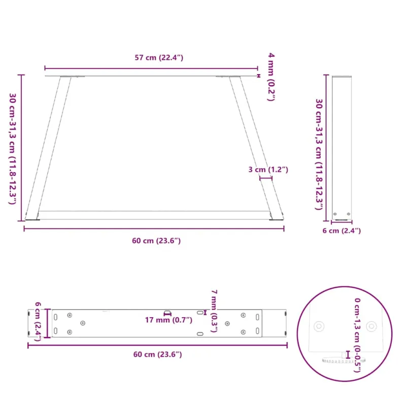 Kavos staliuko kojelės, V formos, 2 vnt., antracito spalvos, 60x(30-31,3) cm, plienas