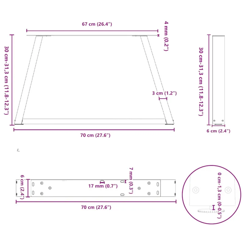 Kavos staliuko kojelės, V formos, 2 vnt., baltos, 70x(30-31,3) cm, plienas