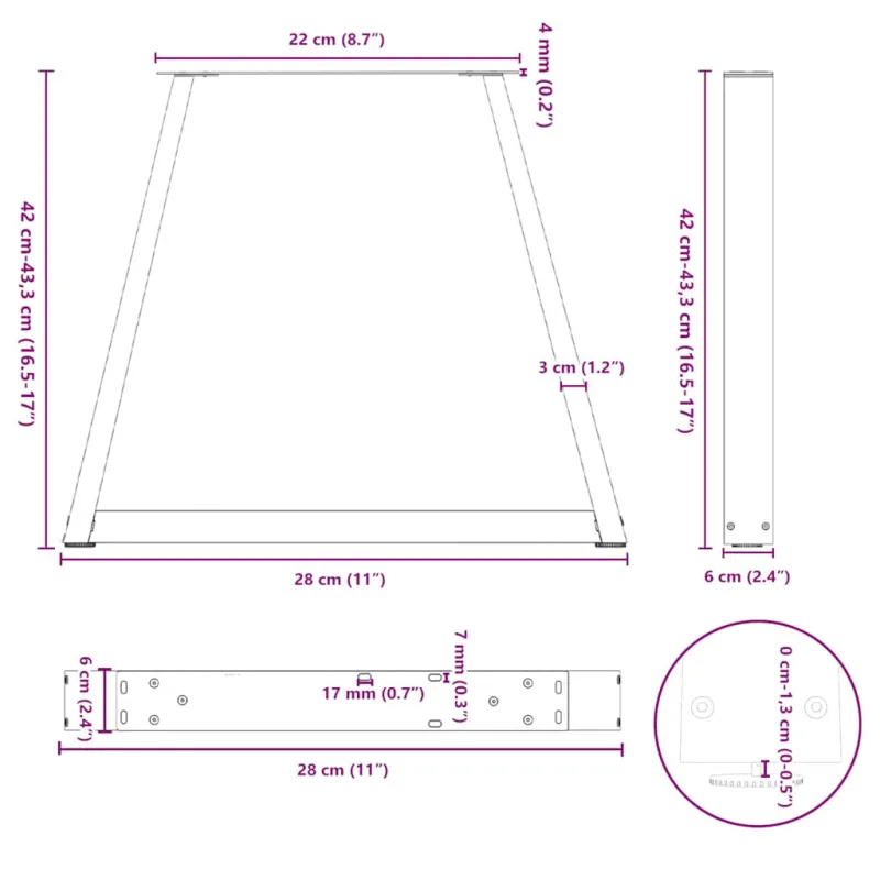 Kavos staliuko kojelės, V formos, 2 vnt., antracito spalvos, 28x(42-43,3) cm, plienas