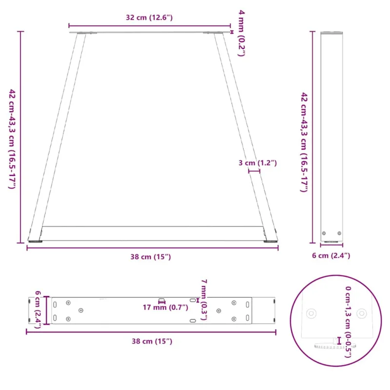 Kavos staliuko kojelės, V formos, 2 vnt., antracito spalvos, 38x(42-43,3) cm, plienas