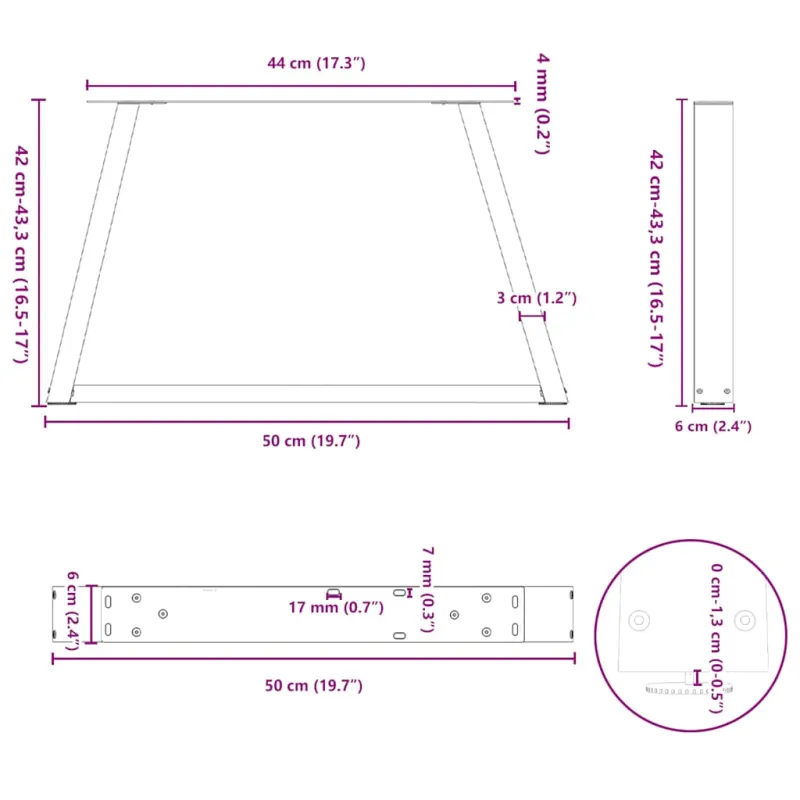 Kavos staliuko kojelės, V formos, 2 vnt., antracito spalvos, 50x(42-43,3) cm, plienas