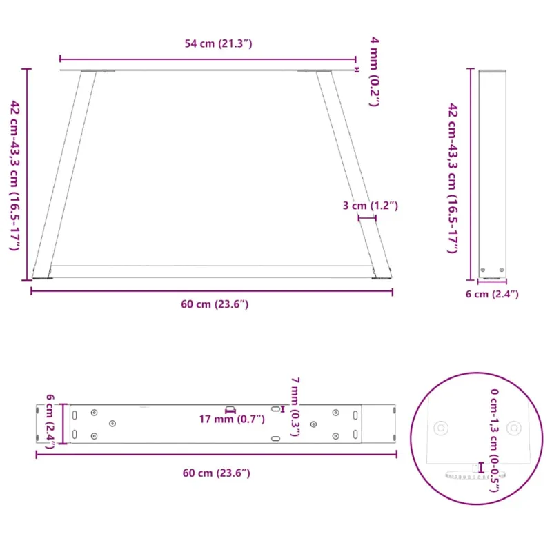 Kavos staliuko kojelės, V formos, 2 vnt., antracito spalvos, 60x(42-43,3) cm, plienas