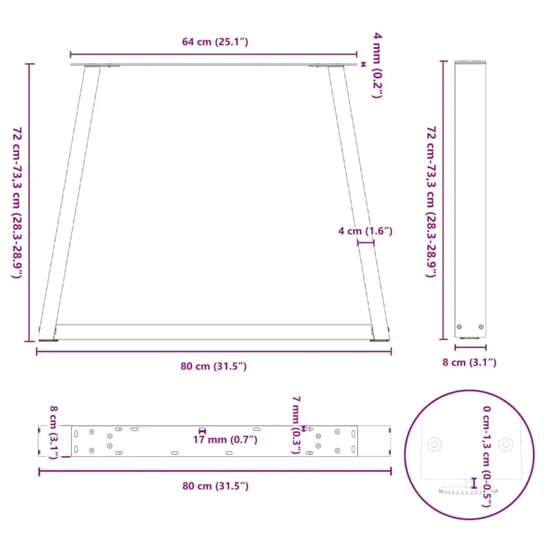 Valgomojo stalo kojos, V formos, 2 vnt., antracito spalvos, 80x(72-73,3) cm, plienas