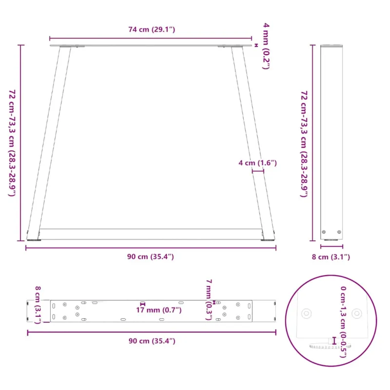 Valgomojo stalo kojos, V formos, 2 vnt., antracito spalvos, 90x(72-73,3) cm, plienas