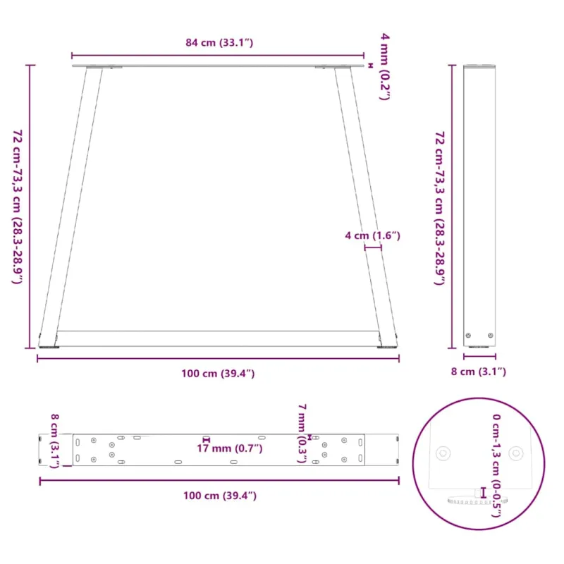 Valgomojo stalo kojos, V formos, 2 vnt., antracito spalvos, 100x(72-73,3) cm, plienas