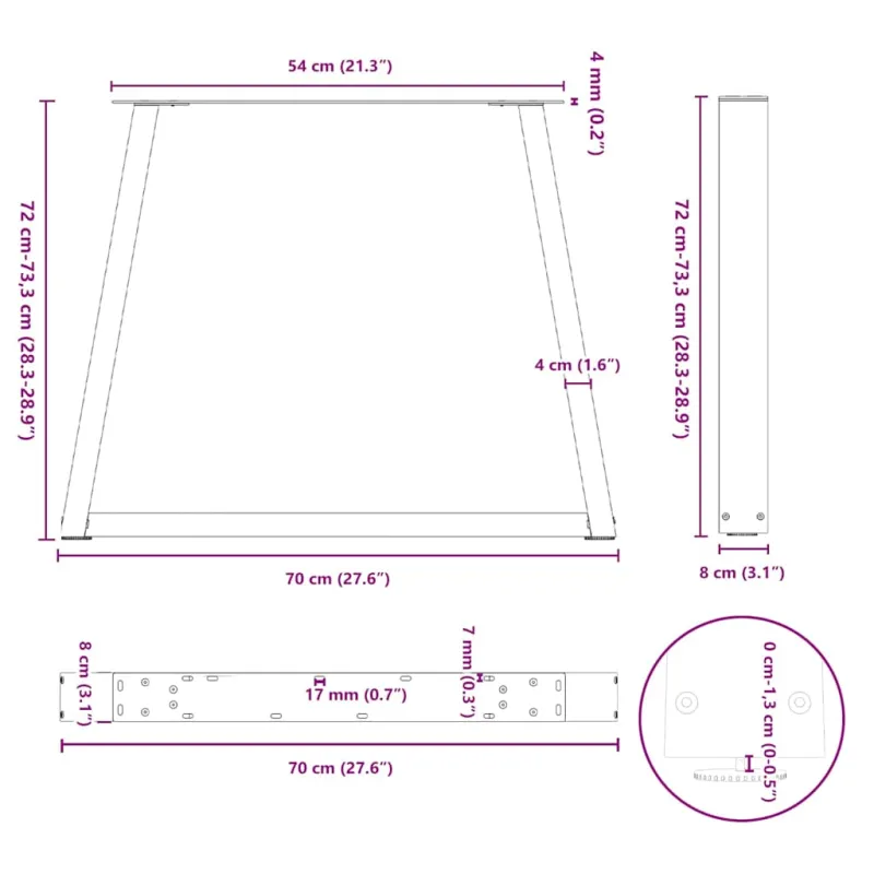 Valgomojo stalo kojos, V formos, 3 vnt., antracito spalvos, 70x(72-73,3) cm, plienas