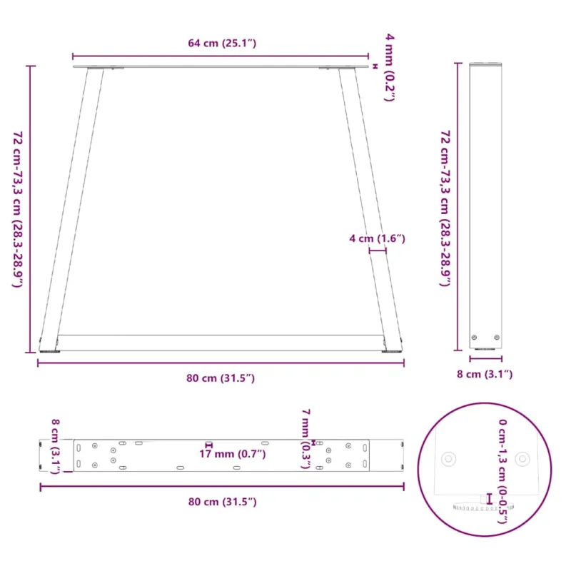 Valgomojo stalo kojos, 3 vnt., antracito spalvos, 80x(72-73,3) cm, plienas, V formos