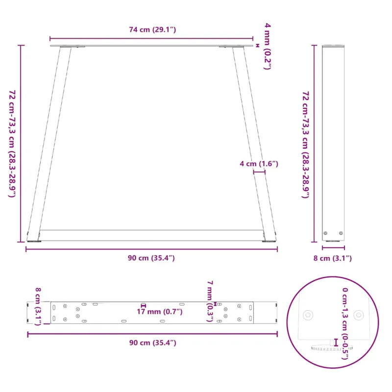 Valgomojo stalo kojos, 3 vnt., juodos, 90x(72-73,3) cm, plienas, V formos