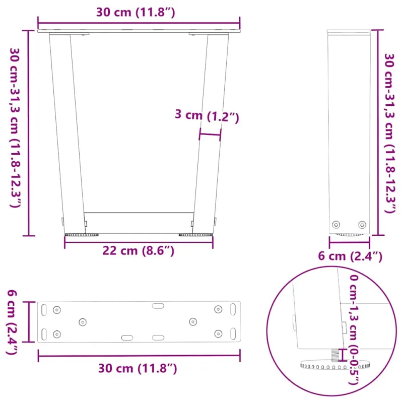 Kavos staliuko kojelės, V formos, 2 vnt., natūralus plienas, 30x(30-31,3) cm, plienas