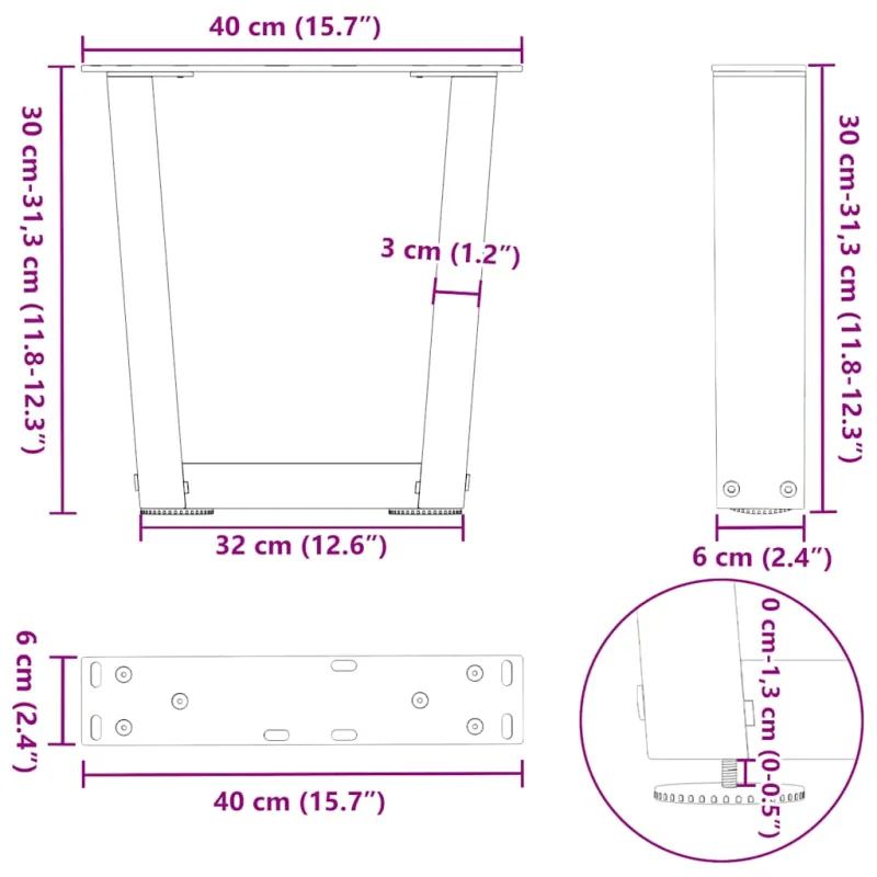 Kavos staliuko kojelės, V formos, 2 vnt., juodos, 40x(30-31,3) cm, plienas