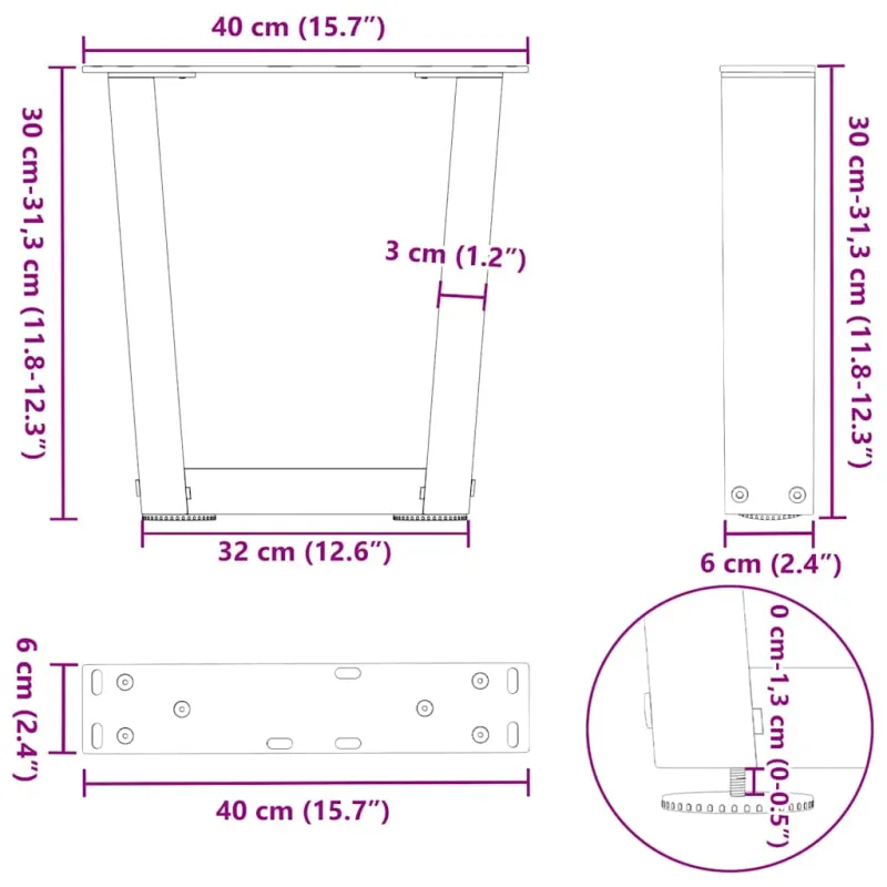 Kavos staliuko kojelės, V formos, 2 vnt., antracito spalvos, 40x(30-31,3) cm, plienas