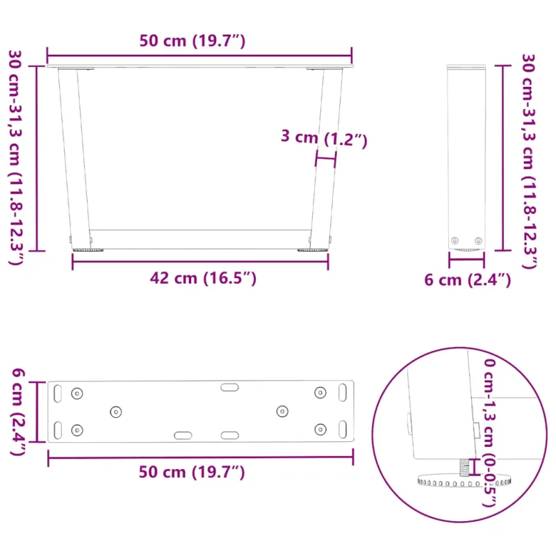 Kavos staliuko kojelės, V formos, 2 vnt., juodos, 50x(30-31,3) cm, plienas