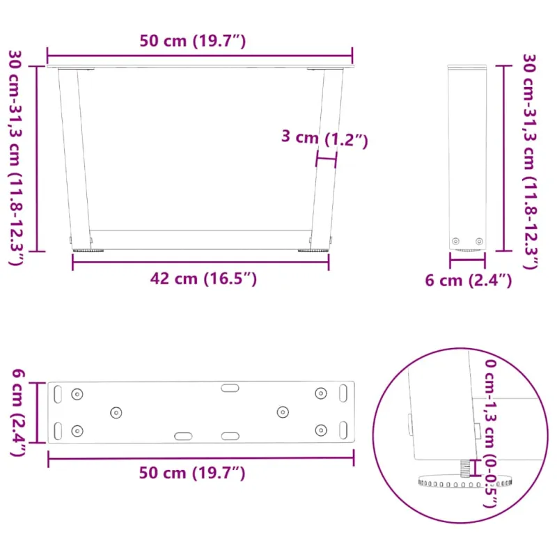 Kavos staliuko kojelės, V formos, 2 vnt., antracito spalvos, 50x(30-31,3) cm, plienas