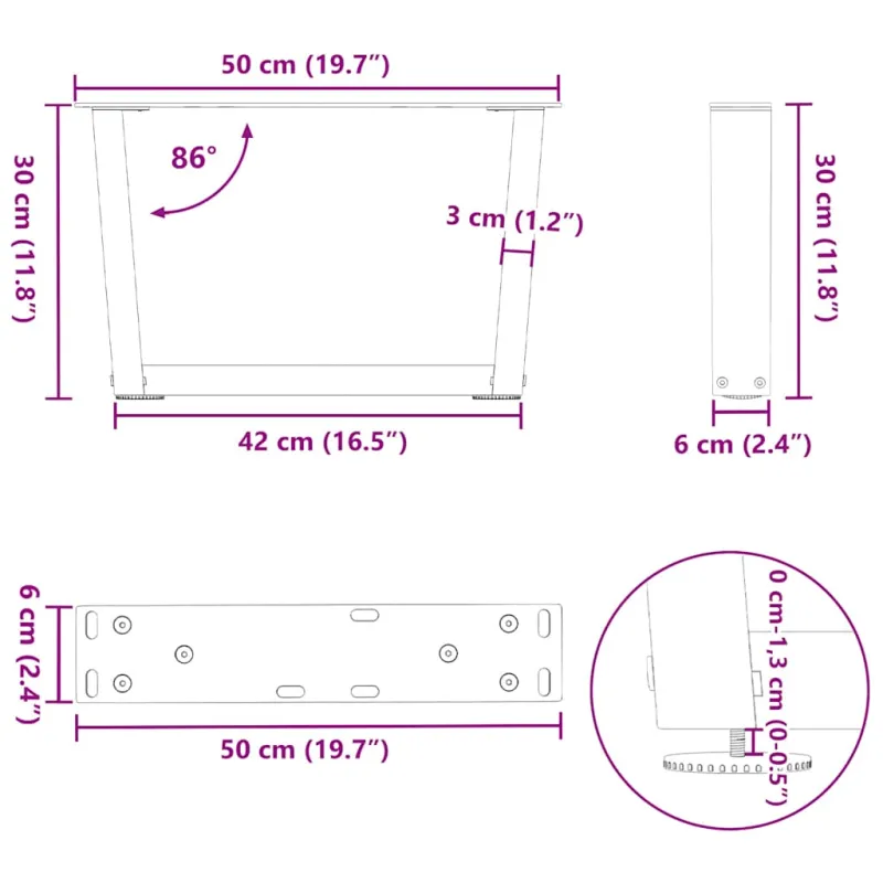 Kavos staliuko kojelės, V formos, 2 vnt., natūralus plienas, 50x(30-31,3) cm, plienas