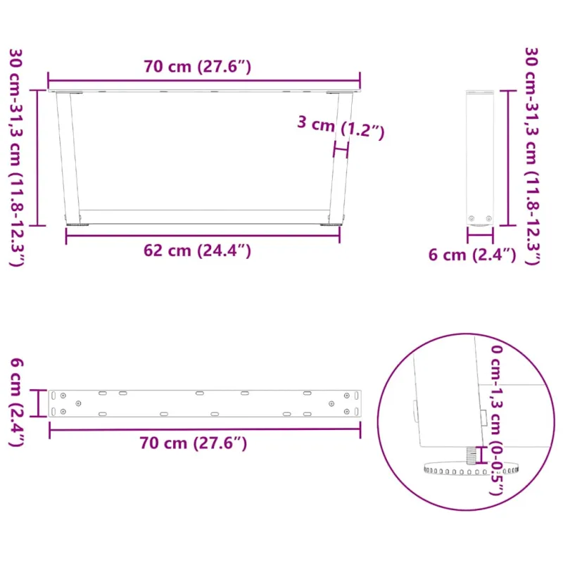 Kavos staliuko kojelės, V formos, 2 vnt., juodos, 70x(30-31,3) cm, plienas