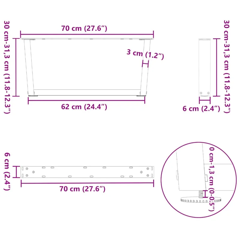 Kavos staliuko kojelės, V formos, 2 vnt., natūralus plienas, 70x(30-31,3) cm, plienas