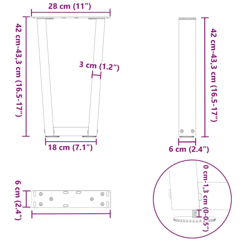 Kavos staliuko kojelės, V formos, 2 vnt., juodos, 28x(42-43,3) cm, plienas