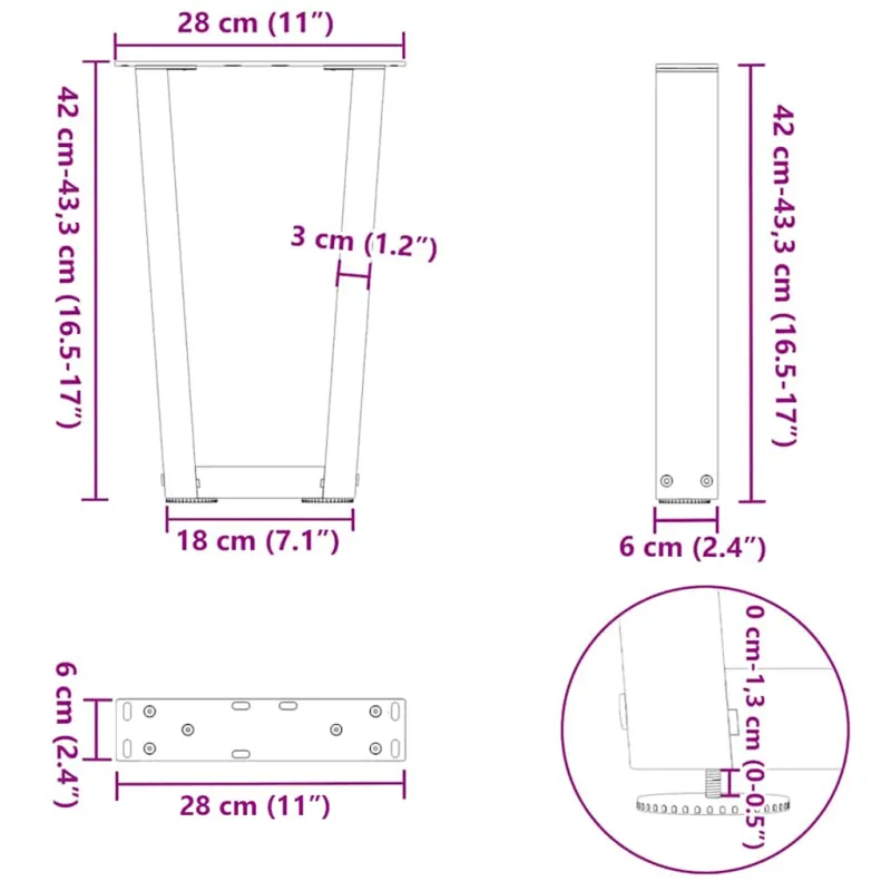 Kavos staliuko kojelės, V formos, 2 vnt., baltos, 28x(42-43,3) cm, plienas