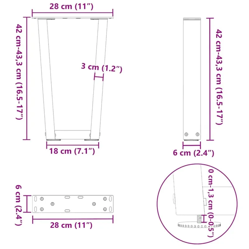 Kavos staliuko kojelės, V formos, 2 vnt., antracito spalvos, 28x(42-43,3) cm, plienas