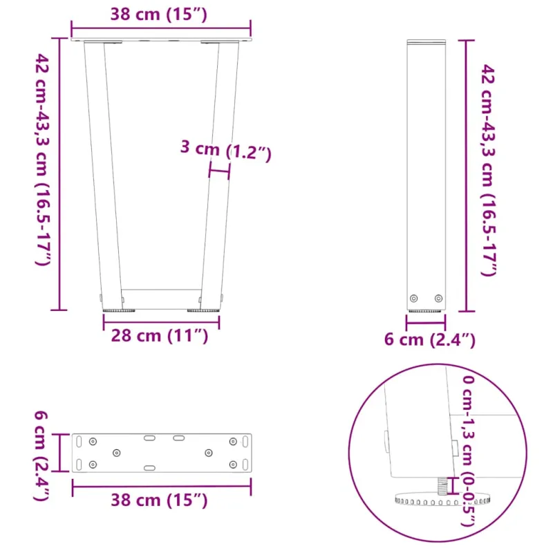 Kavos staliuko kojelės, V formos, 2 vnt., natūralus plienas, 38x(42-43,3) cm, plienas