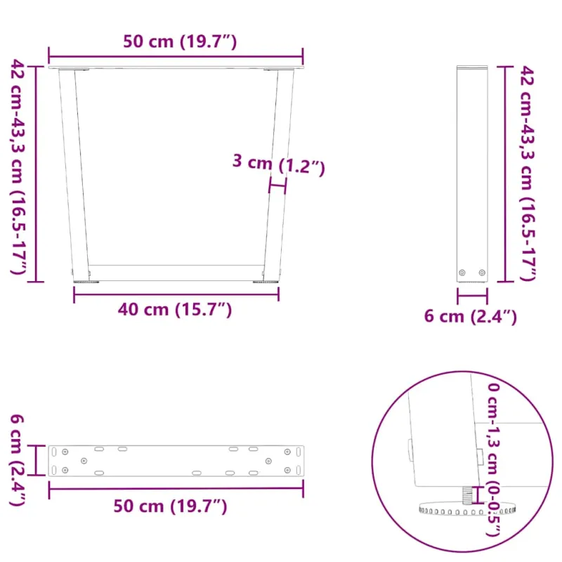 Kavos staliuko kojelės, V formos, 2 vnt., baltos, 50x(42-43,3) cm, plienas