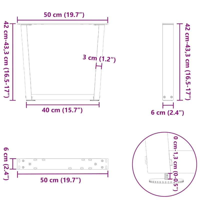 Kavos staliuko kojelės, V formos, 2 vnt., natūralus plienas, 50x(42-43,3) cm, plienas