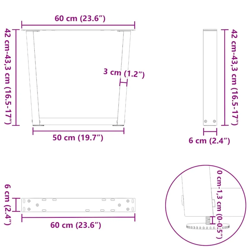 Kavos staliuko kojelės, V formos, 2 vnt., juodos, 60x(42-43,3) cm, plienas