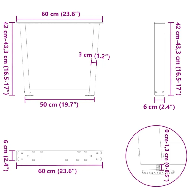 Kavos staliuko kojelės, V formos, 2 vnt., antracito spalvos, 60x(42-43,3) cm, plienas