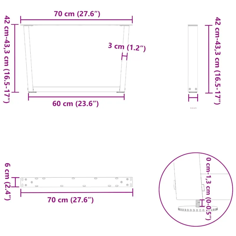 Kavos staliuko kojelės, V formos, 2 vnt., natūralus plienas, 70x(42-43,3) cm, plienas