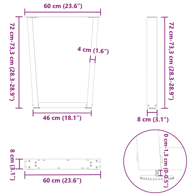 Valgomojo stalo kojelės, V formos, 2 vnt., juodos, 60x(72-73,3) cm, plienas