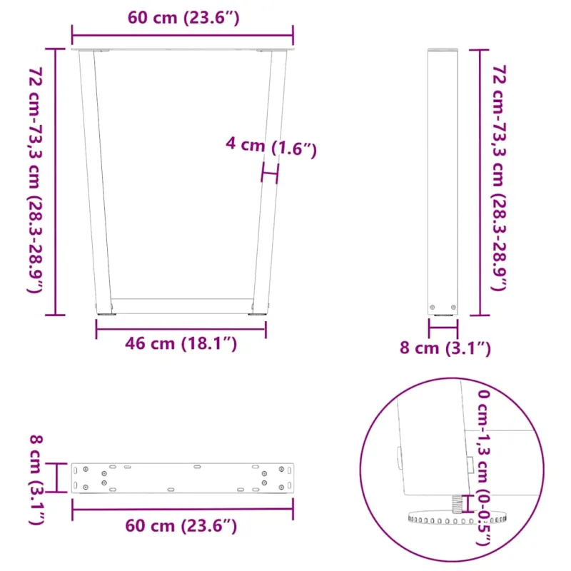 Valgomojo stalo kojos, V formos, 2 vnt., antracito spalvos, 60x(72-73,3) cm, plienas