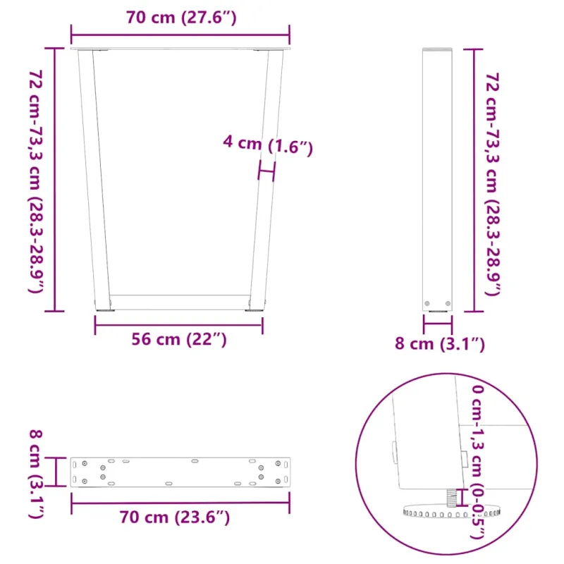 Valgomojo stalo kojelės, V formos, 2 vnt., juodos, 70x(72-73,3) cm, plienas