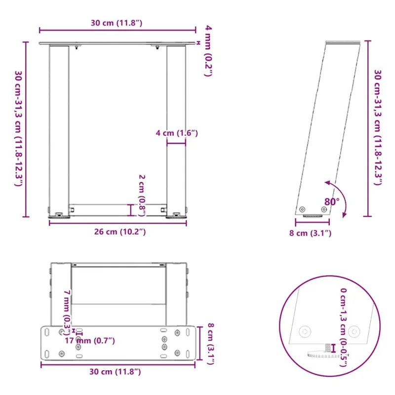 Kavos staliuko kojelės, 2 vnt., antracito spalvos, 30x(30-31) cm, plienas