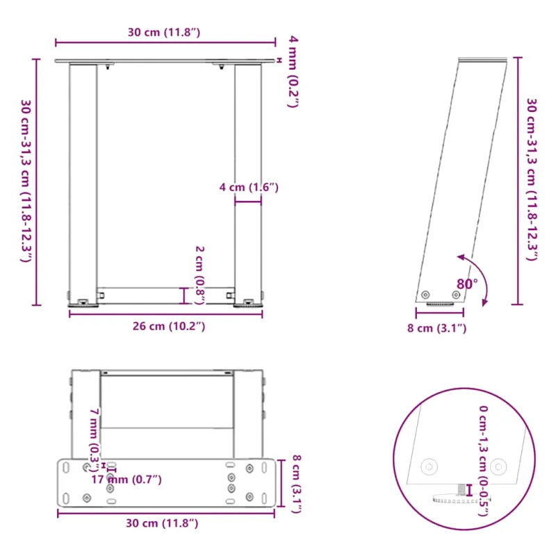 Kavos staliuko kojelės, U formos, 2 vnt., natūralus plienas, 30x(30-31) cm, plienas