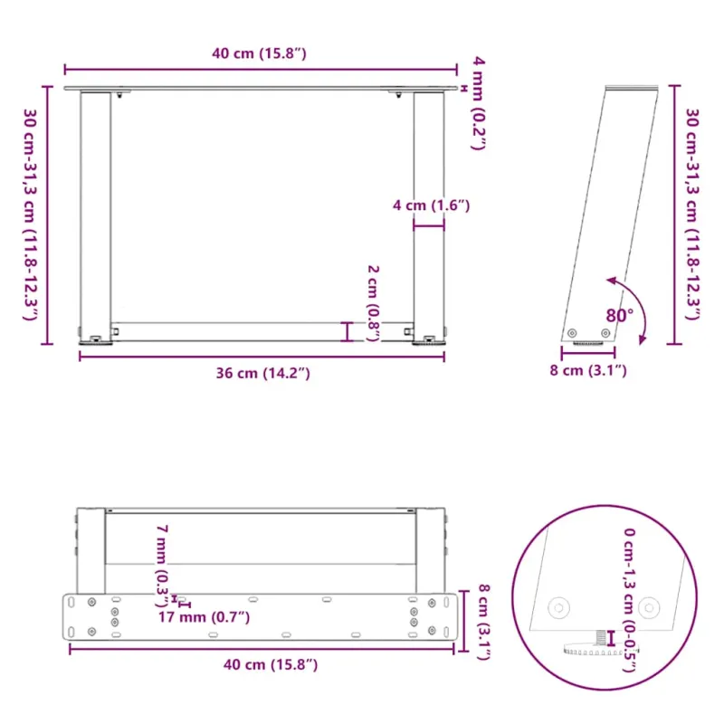 Kavos staliuko kojelės, 2 vnt., baltos, 40x(30-31) cm, plienas, U formos