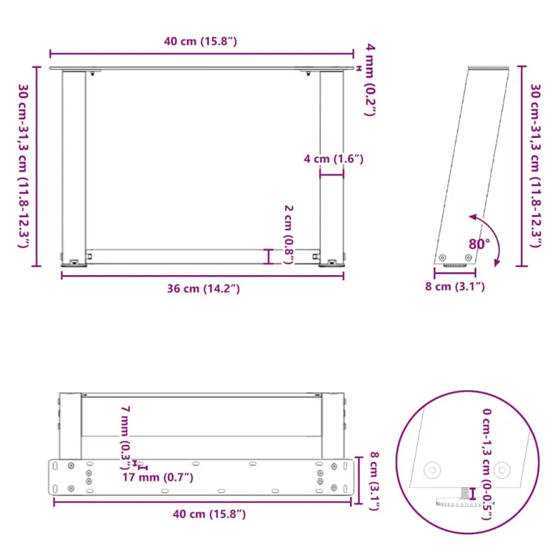 Kavos staliuko kojelės, U formos, 2 vnt., natūralus plienas, 40x(30-31) cm, plienas
