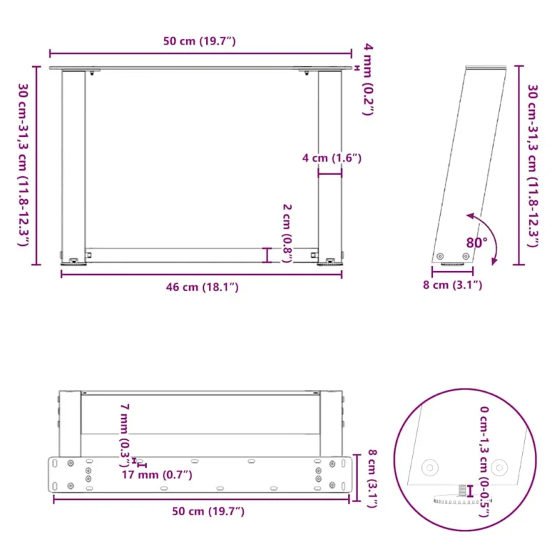 Kavos staliuko kojelės, 2 vnt., juodos, 50x(30-31) cm, plienas, U formos