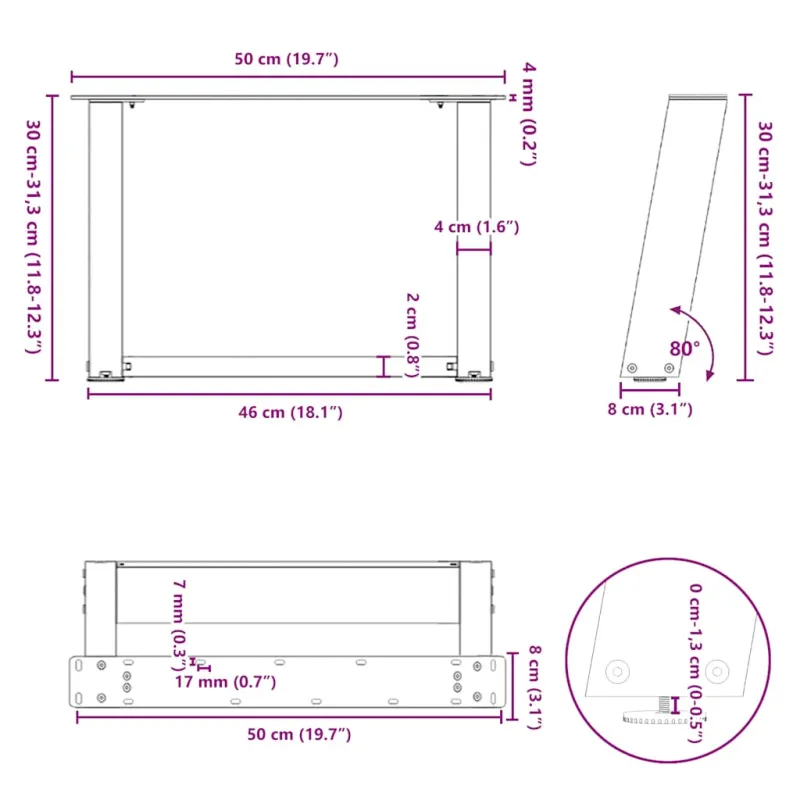 Kavos staliuko kojelės, U formos, 2 vnt., natūralus plienas, 50x(30-31) cm, plienas