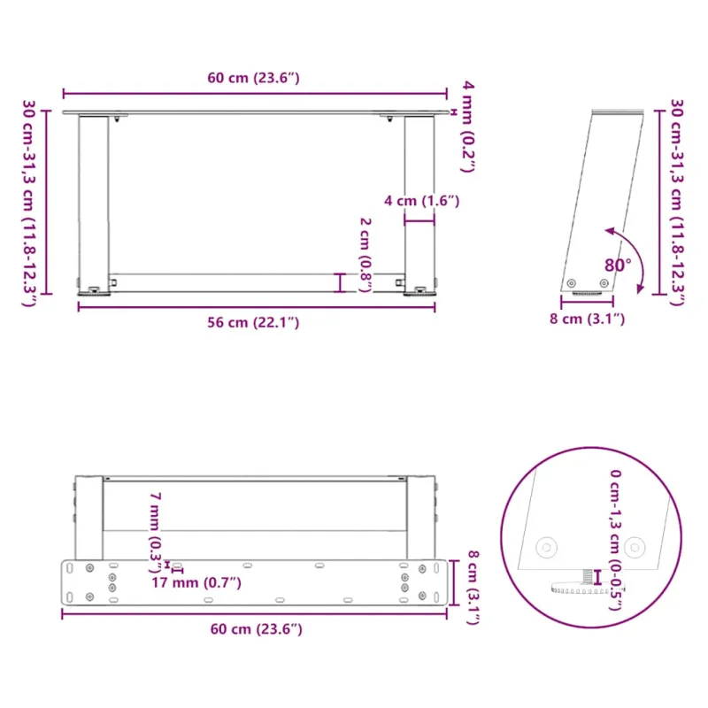 Kavos staliuko kojelės, 2 vnt., juodos, 60x(30-31) cm, plienas, U formos