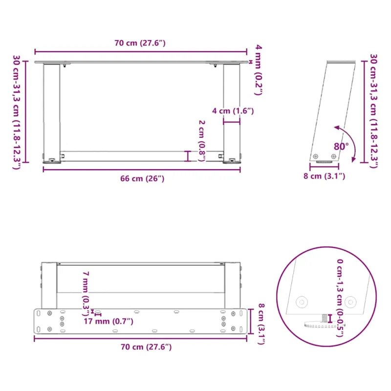Kavos staliuko kojelės, 2 vnt., antracito spalvos, 70x(30-31) cm, plienas