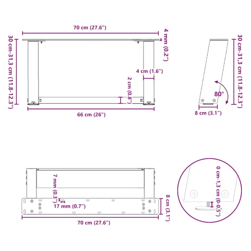 Kavos staliuko kojelės, U formos, 2 vnt., natūralus plienas, 70x(30-31) cm, plienas