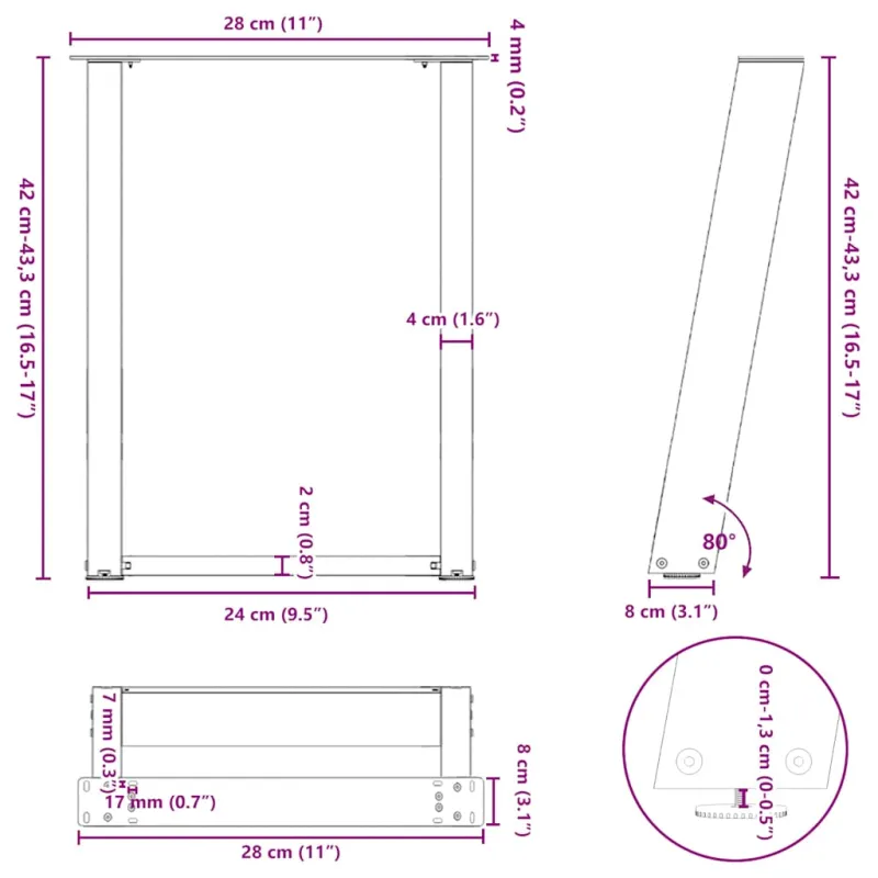 Kavos staliuko kojelės, 2 vnt., juodos, 28x(42-43) cm, plienas, U formos