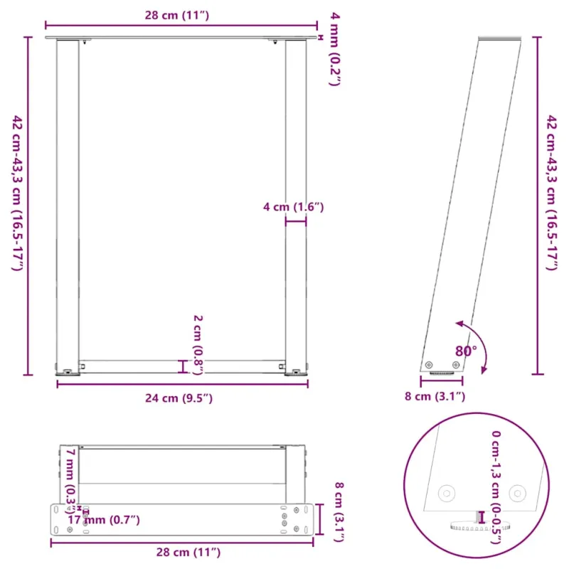 Kavos staliuko kojelės, 2 vnt., antracito spalvos, 28x(42-43) cm, plienas
