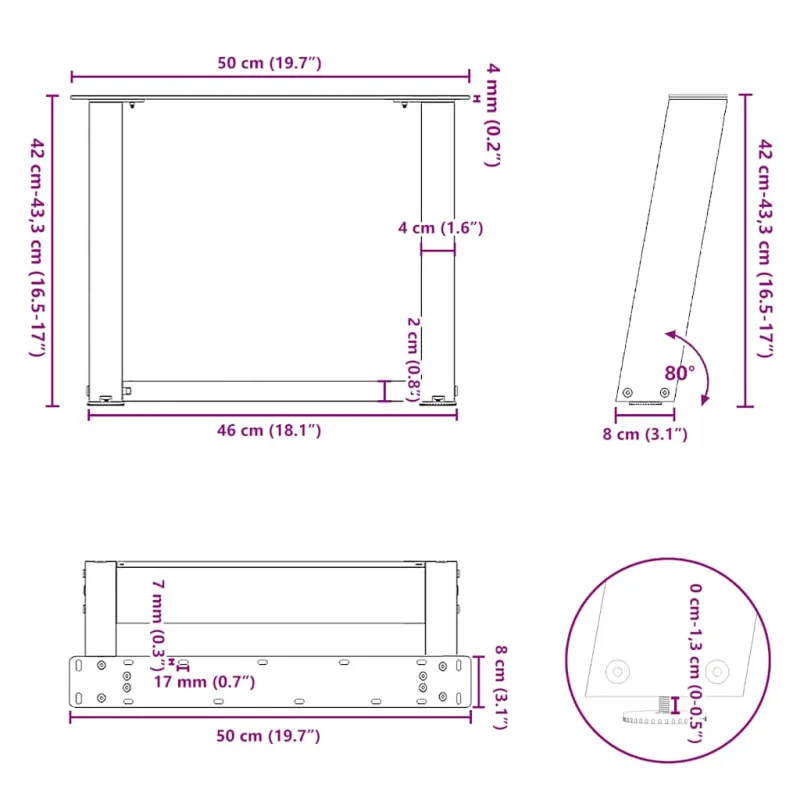 Kavos staliuko kojelės, 2 vnt., antracito spalvos, 50x(42-43) cm, plienas