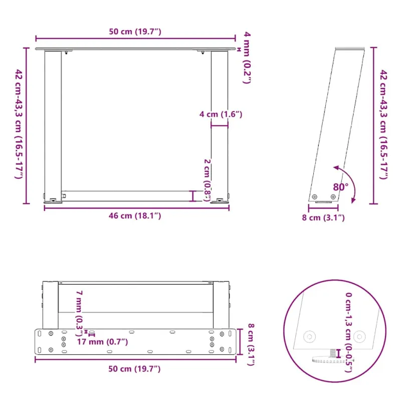 Kavos staliuko kojelės, U formos, 2 vnt., natūralus plienas, 50x(42-43) cm, plienas