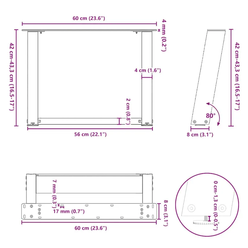 Kavos staliuko kojelės, 2 vnt., baltos, 60x(42-43) cm, plienas, U formos