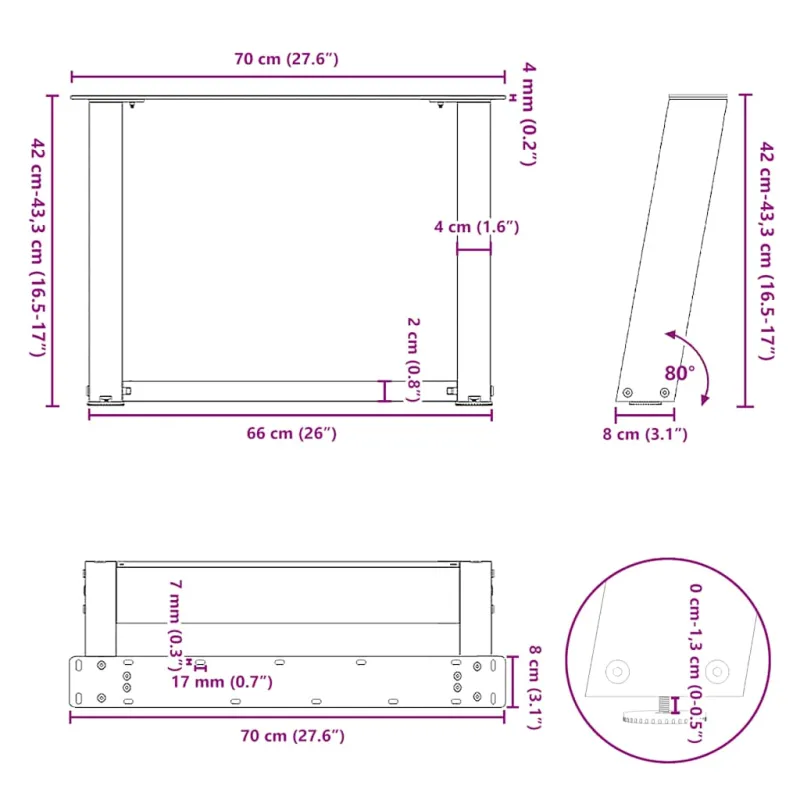 Kavos staliuko kojelės, 2 vnt., baltos, 70x(42-43) cm, plienas, U formos