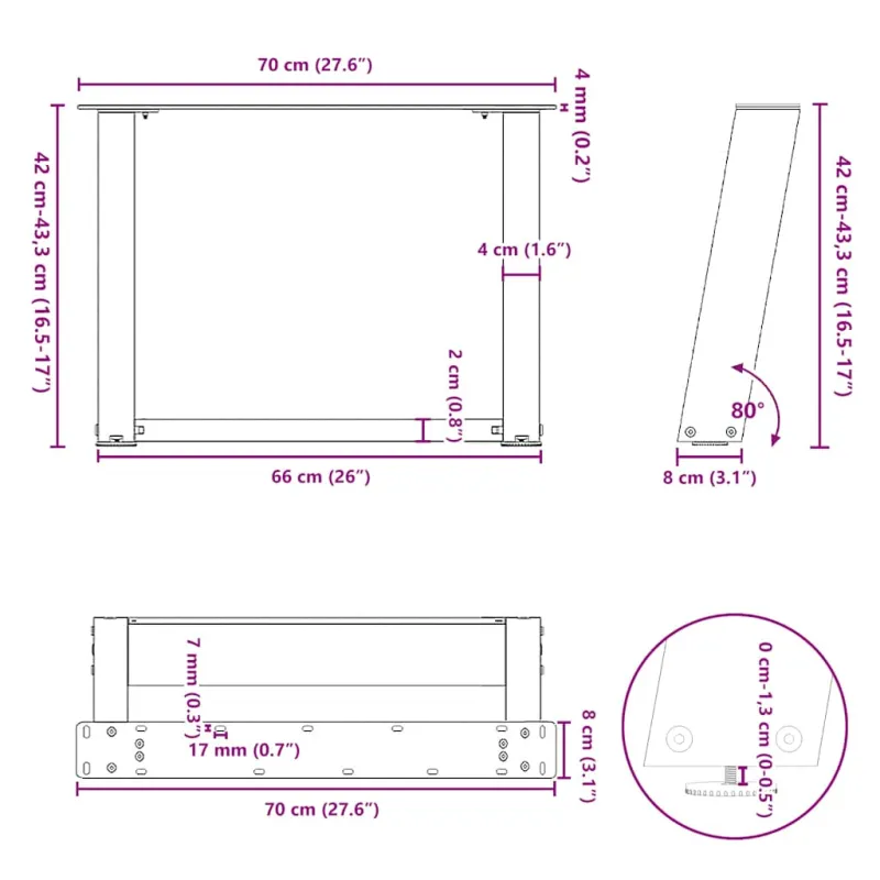 Kavos staliuko kojelės, 2 vnt., antracito spalvos, 70x(42-43) cm, plienas