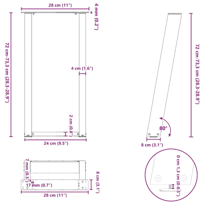 Konsolinio stalo kojelės, U formos, 2 vnt., juodos, 28x(72-73) cm, plienas