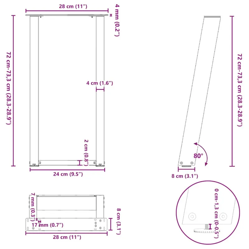 Konsolinio stalo kojelės, U formos, 2 vnt., baltos, 28x(72-73) cm, plienas